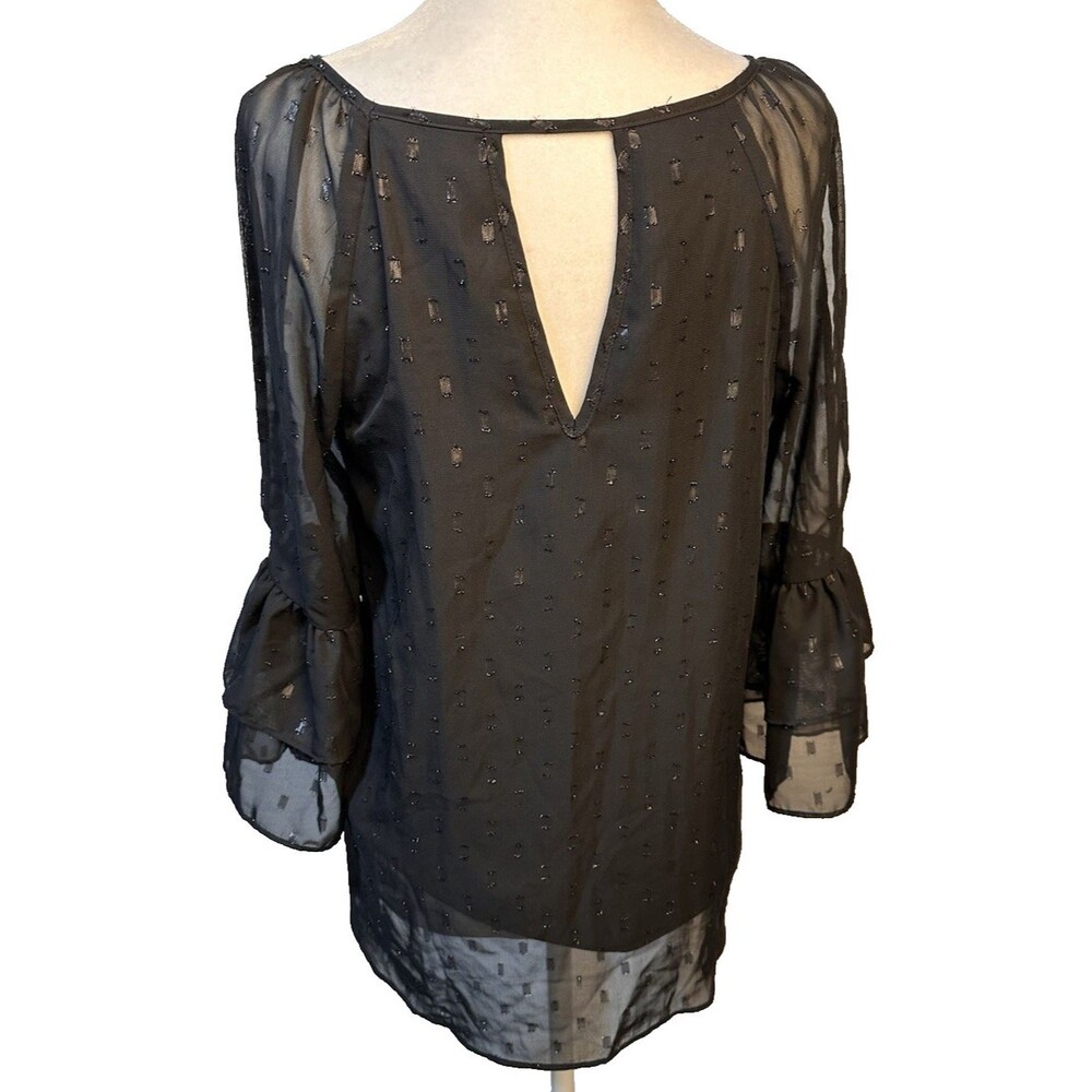 Iz Byer Black Semi Sheer textured Blouse Bell Sleeve cutout V Front/Back Size S